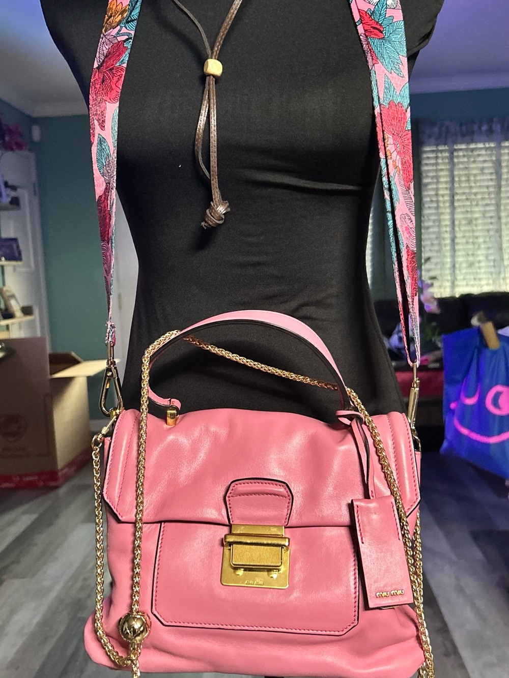 Miu Miu Pink Leather Satchel with Gold Hardware and Floral Strap